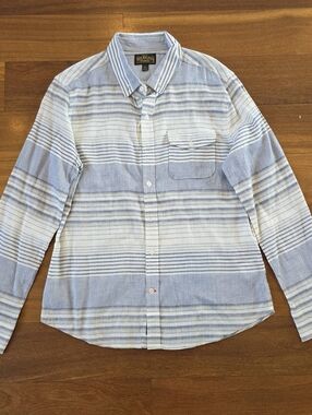 True Religion Shirt Mens Small Blue Stripe Linen Cotton Button Up Casual